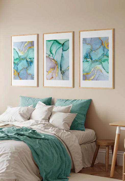 Ensemble de 3 affiches aquarelle bleu véritable or